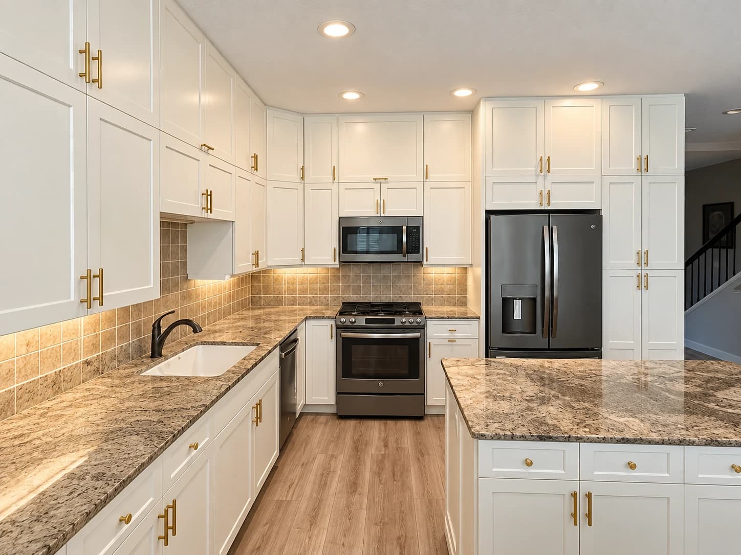 Renovated kitchen with white shaker cabinets, granite countertops, and gold hardware
